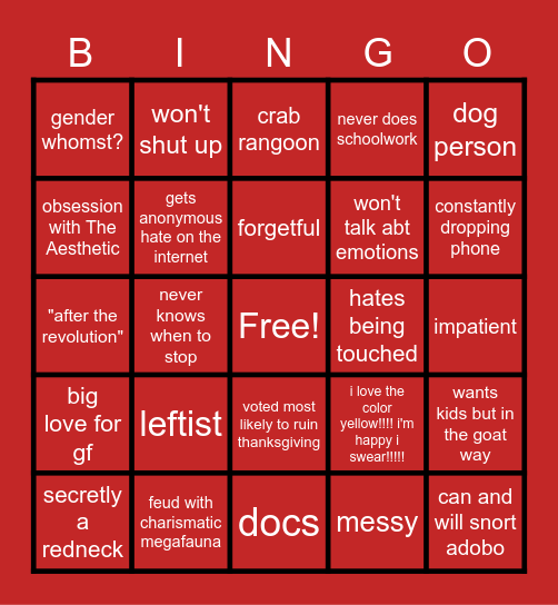 Jasper as a human being bingo Card