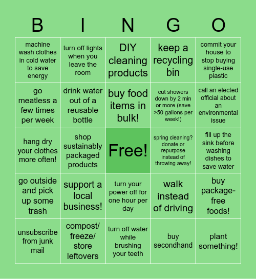 sustainability bingo Card