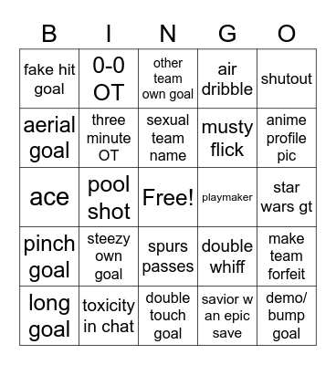 Rocket League Bingo Card