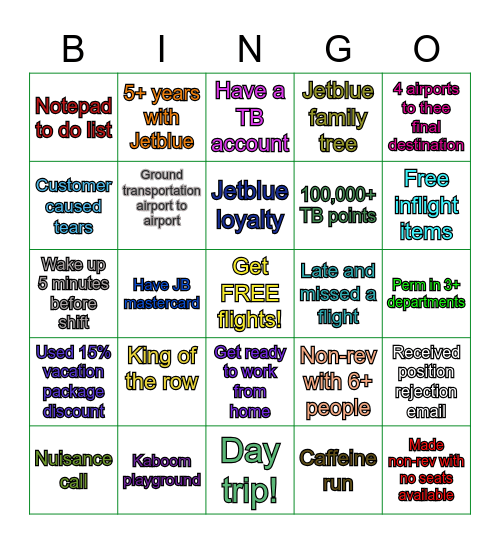 JETBLUE AA Bingo Card