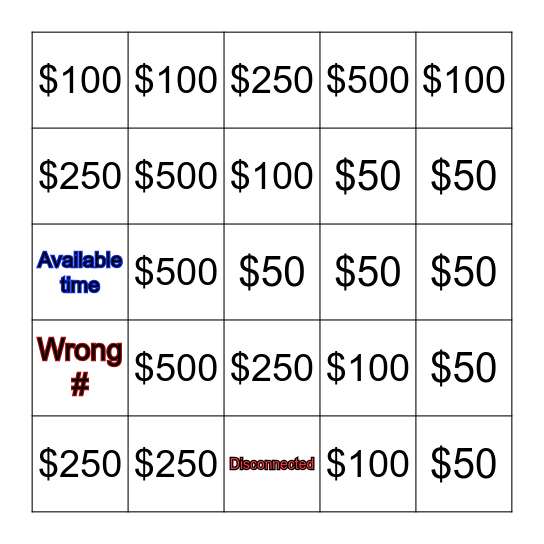 Dialing for Dollars Bingo Card