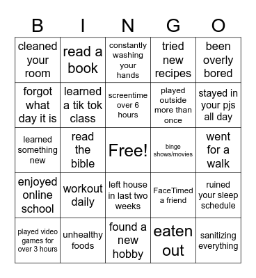 Quarantine Bingo Card