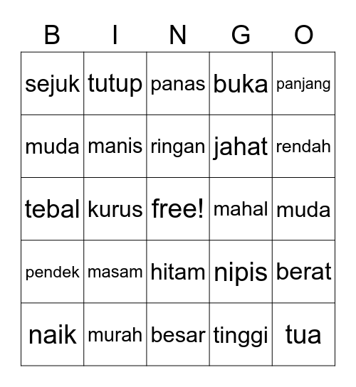 Perkataan Lawan Bingo Card