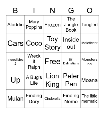 Disney Pixar Movies Bingo Card