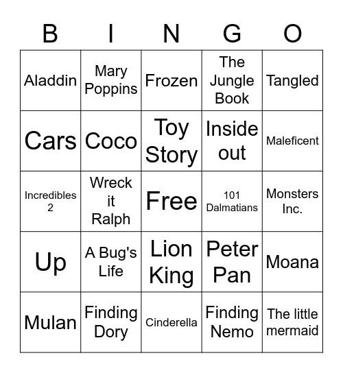 Disney-Pixar Bingo Card