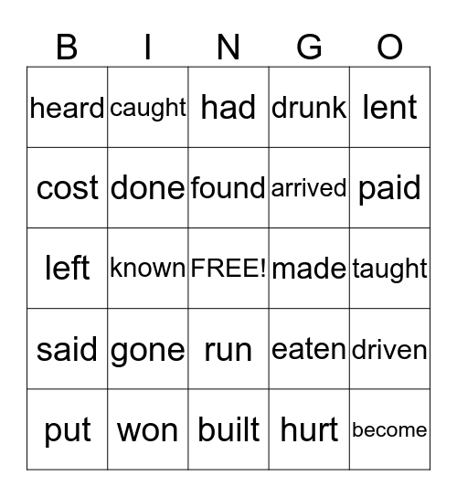 past participle verbs Bingo Card