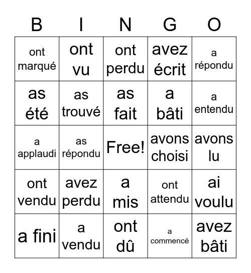 Passé composé avec Avoir Bingo Card