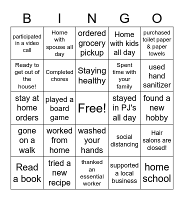 Social Distancing Bingo Card