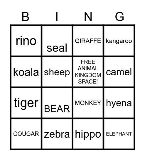 Animal Cracker Bingo Card