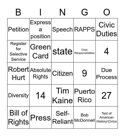 Citizenship Bingo Card