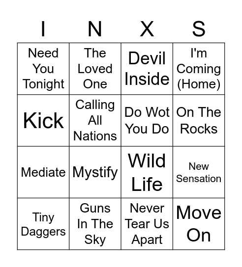 INXS Bingo Card
