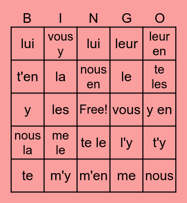 Pronoms Honors French IV Bingo Card