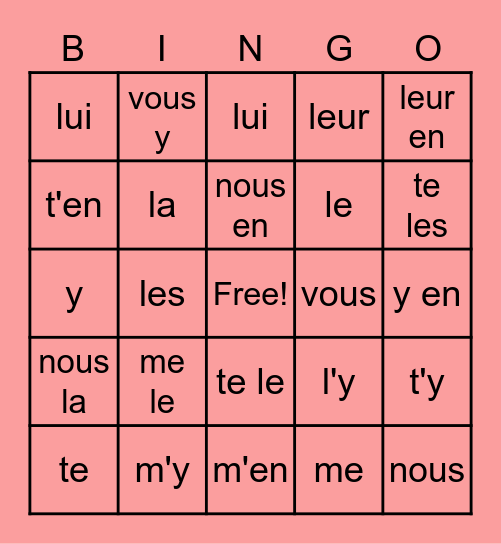 Pronoms Honors French IV Bingo Card
