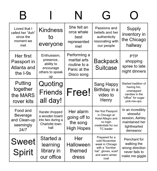 Our Favorite Ash Memories Bingo Card