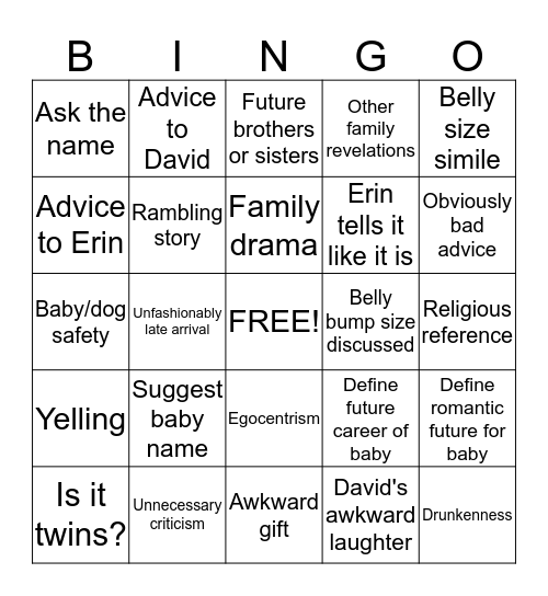 E&D baby shower Bingo Card