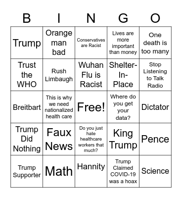 Leftist COVID-19 Talking Points Bingo Card
