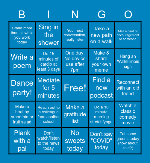 Back to #BeWell34 Bingo Card