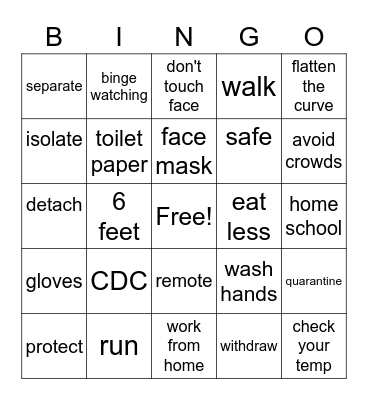 Social Distancing Bingo Card