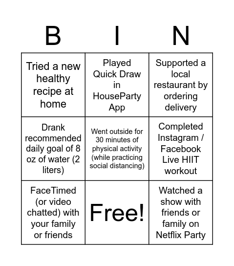 Feel Good Initiative Bingo - Week 1 Bingo Card