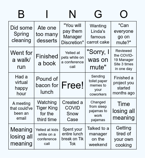 Working from Home Bingo Card