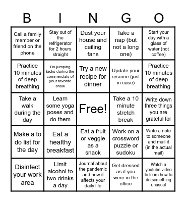 Stay At Home Bingo Card