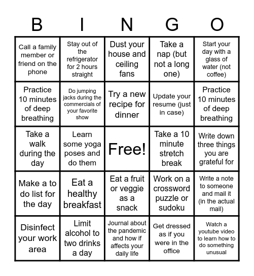 Stay At Home Bingo Card