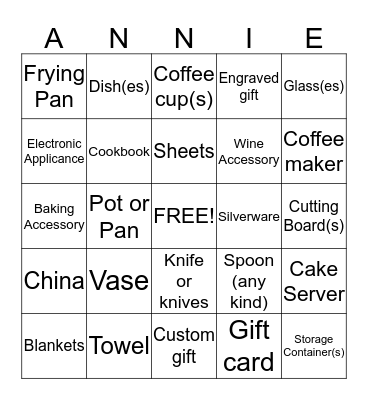 Annie's Bridal Bingo  Bingo Card