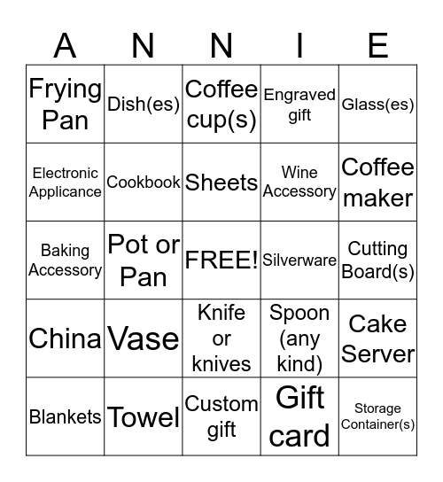 Annie's Bridal Bingo  Bingo Card