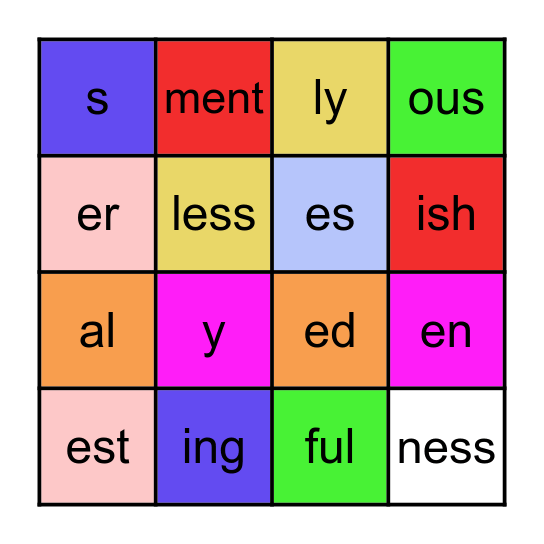 Suffixes 20/4 Bingo Card