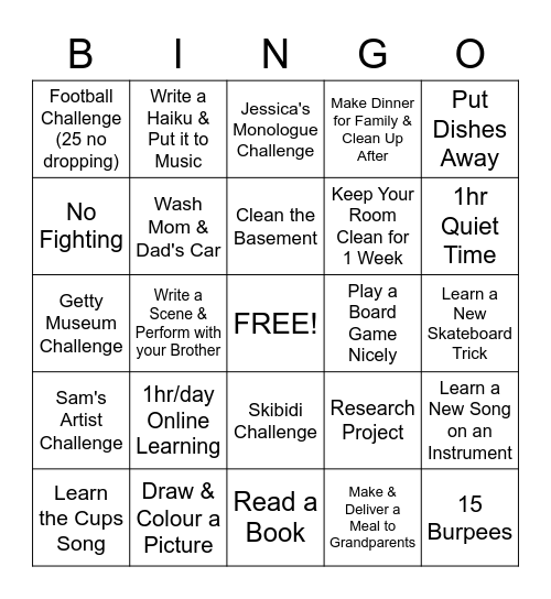 Riley's Quarantine Bingo Challenge Bingo Card