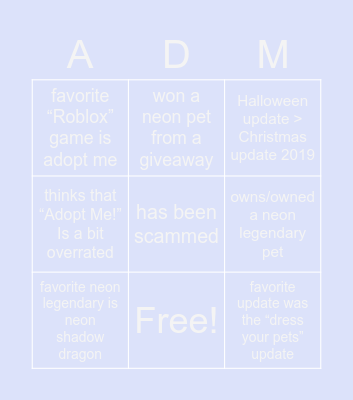 “Adopt me!” Bingo Card