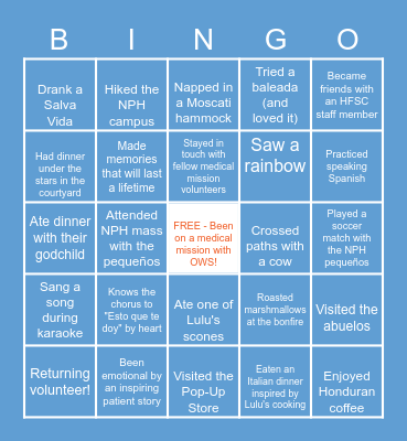 Honduras Medical Mission Bingo Card