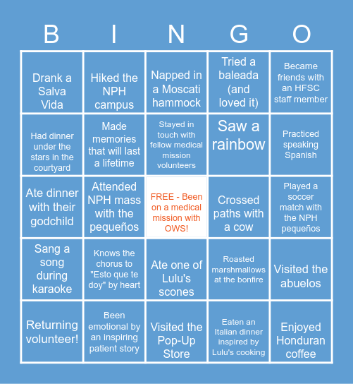 Honduras Medical Mission Bingo Card