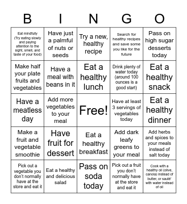 Healthy Nutrition Bingo Card