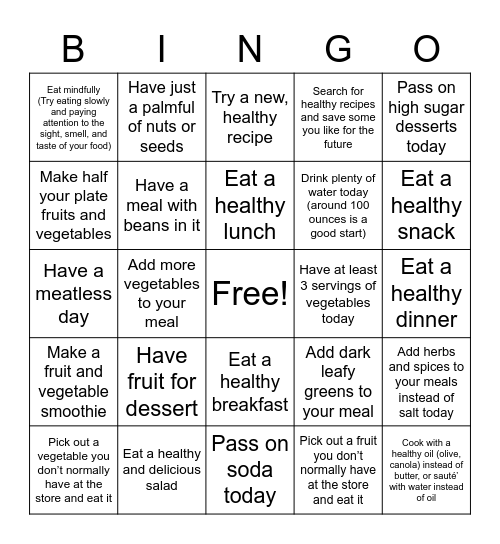 Healthy Nutrition Bingo Card