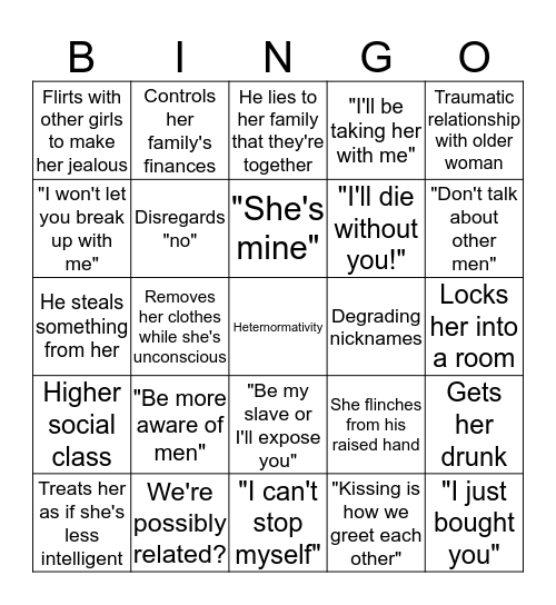 Fucked Up Shoujo Relationship Bingo Card Bingo Card