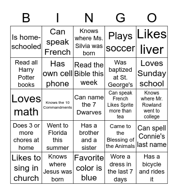 St. George's Sunday School Bingo Card