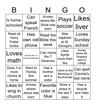 St. George's Sunday School Bingo Card