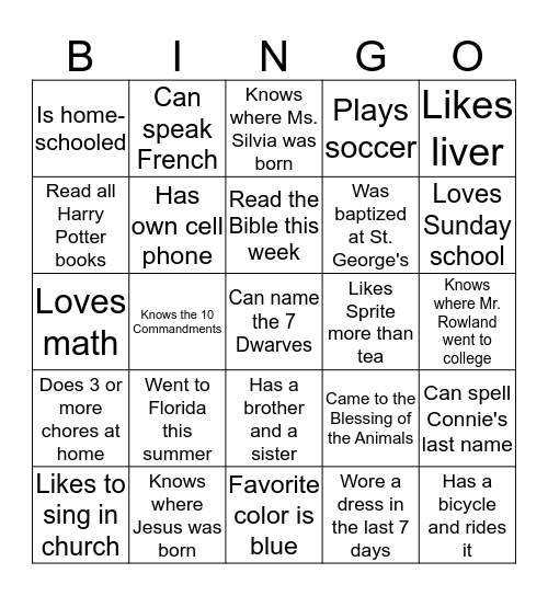 St. George's Sunday School Bingo Card