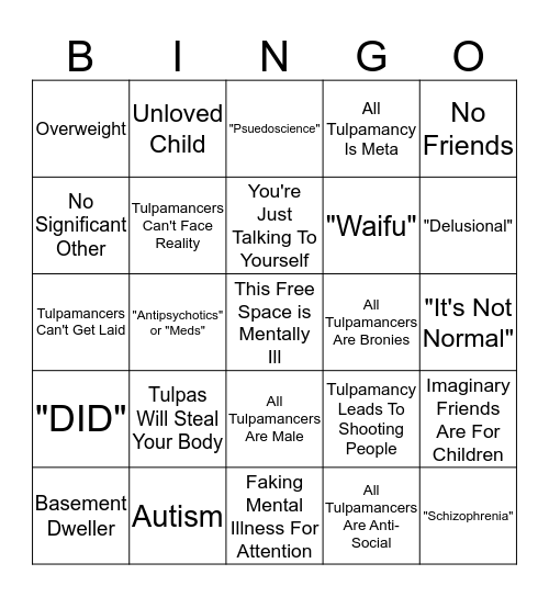 Tulpamancy Troll Bingo Card