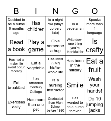 Student Nurse Bingo Card