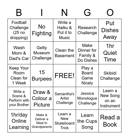 Riley's Quarantine Bingo Challenge Bingo Card