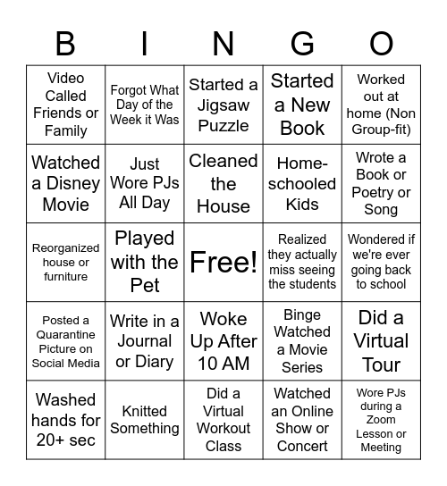 Quarantine Bingo Card