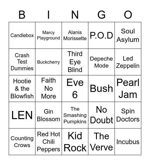 90's Rock Bingo Card