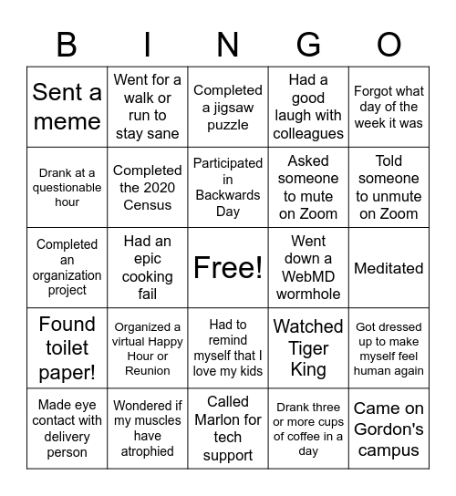 Safe-at-Home Bingo Card