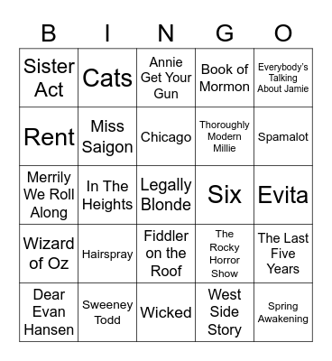 Musical Theatre Bingo Card
