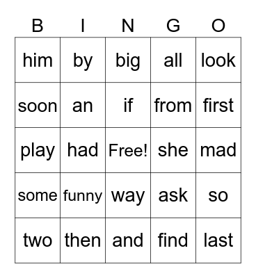 Sight Word Bingo Card
