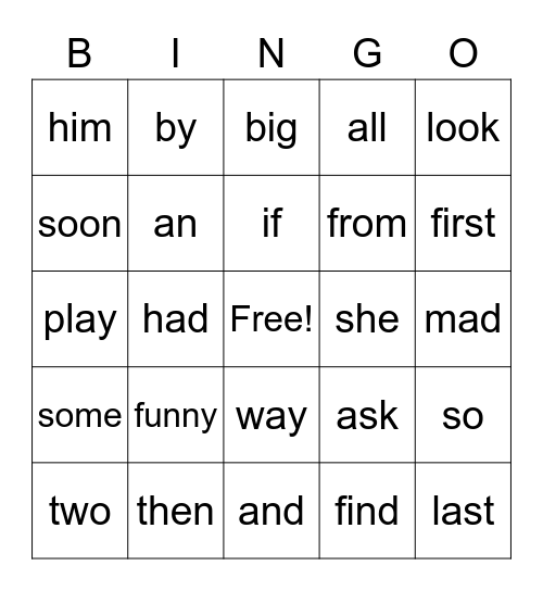Sight Word Bingo Card