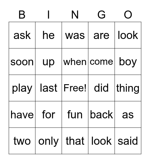 Sight Word Bingo Card
