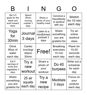 Quarantine Wellness Challenge Bingo Card